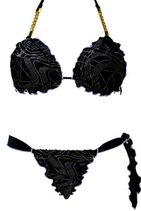 Bikini Eclisse triangolo nero con ricami argento e bordi frou frou